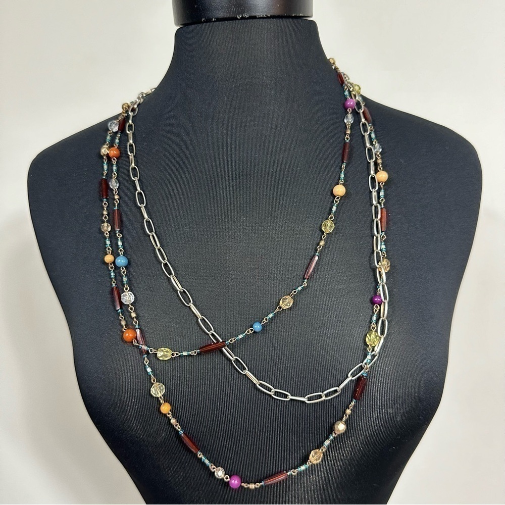 BEADED Multicolor Rainbow Beads Aged Brass Tone Multi Strand Necklace